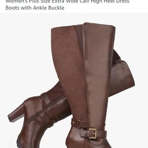 New Size 8 Women's Plus Size Extra Wide Calf Heel Dress Boots With Ankle Buckle